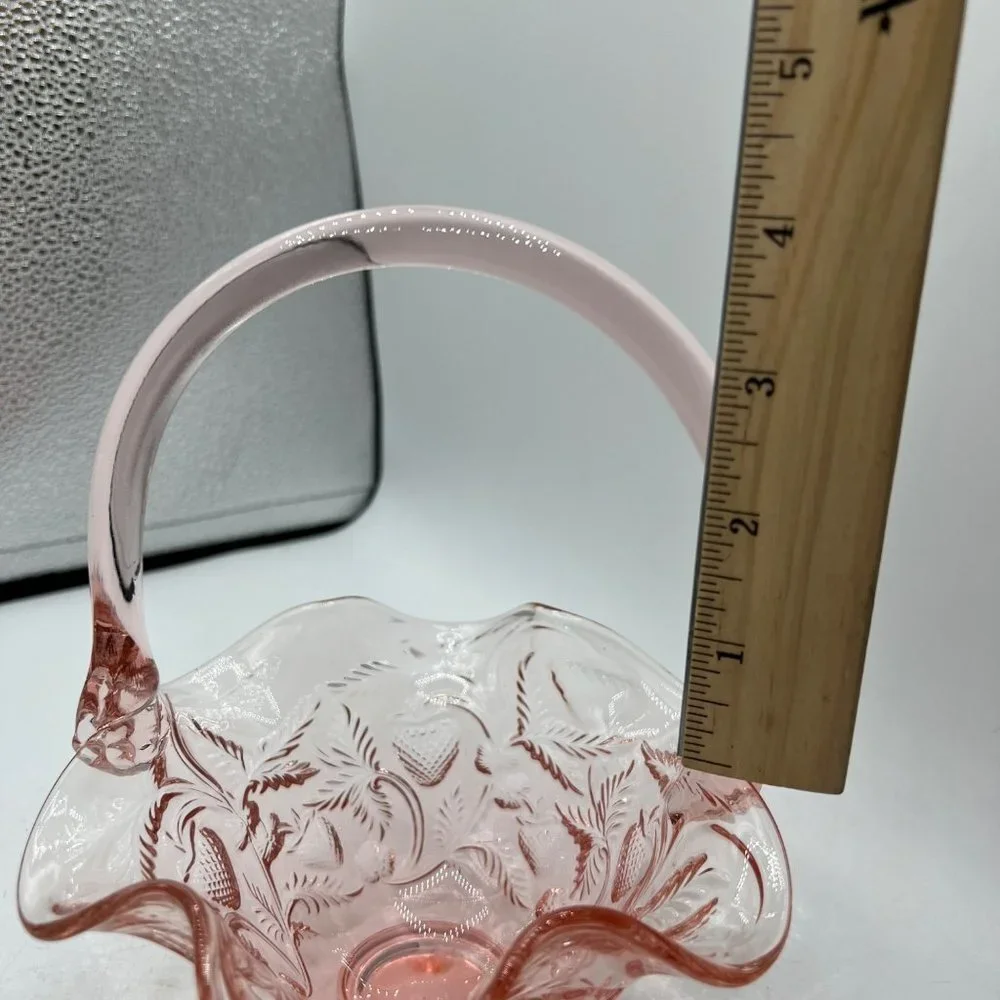 Dusty Rose by Fenton. Thin ruffled edges, rose pattern with applied handle.